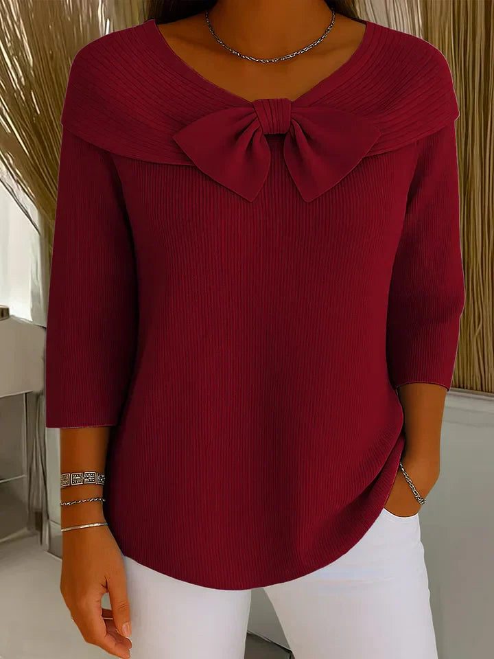 Ribbed Knit Sweater with Bow Collar and Three-Quarter Sleeves for Women