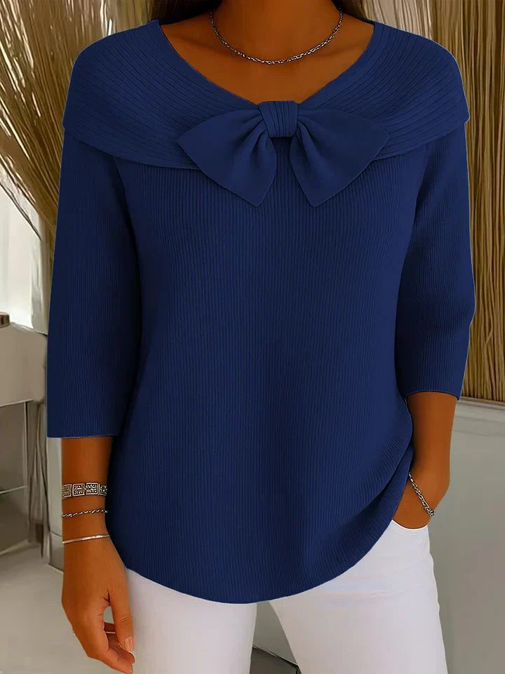 Ribbed Knit Sweater with Bow Collar and Three-Quarter Sleeves for Women
