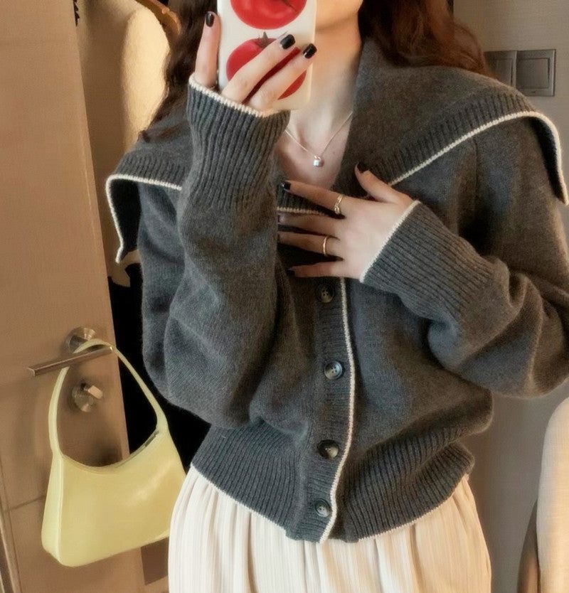 Ribbed Knit Cardigan with Oversized Sailor Collar for Women