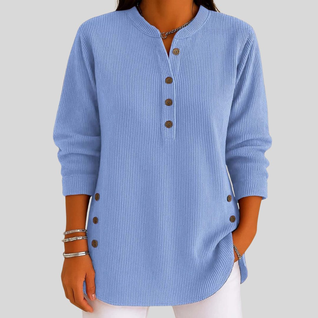 Ribbed Knit Pullover with Crew Neck and Button-Front for Women