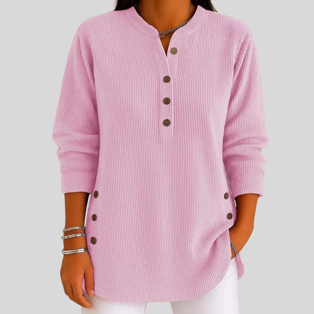 Ribbed Knit Pullover with Crew Neck and Button-Front for Women
