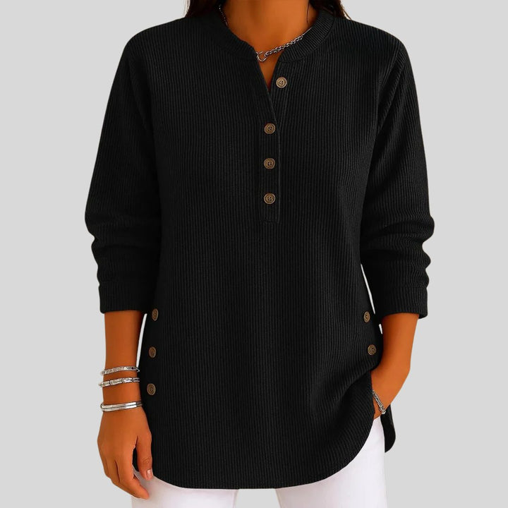 Ribbed Knit Pullover with Crew Neck and Button-Front for Women