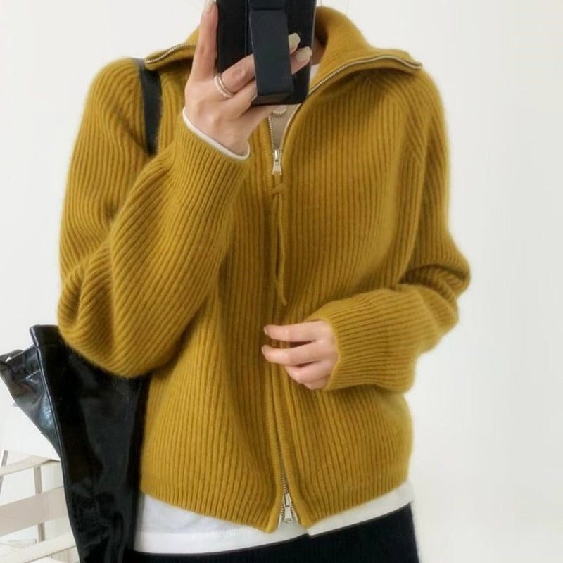 Cashmere Cardigan with Stand Collar and Zip for Women