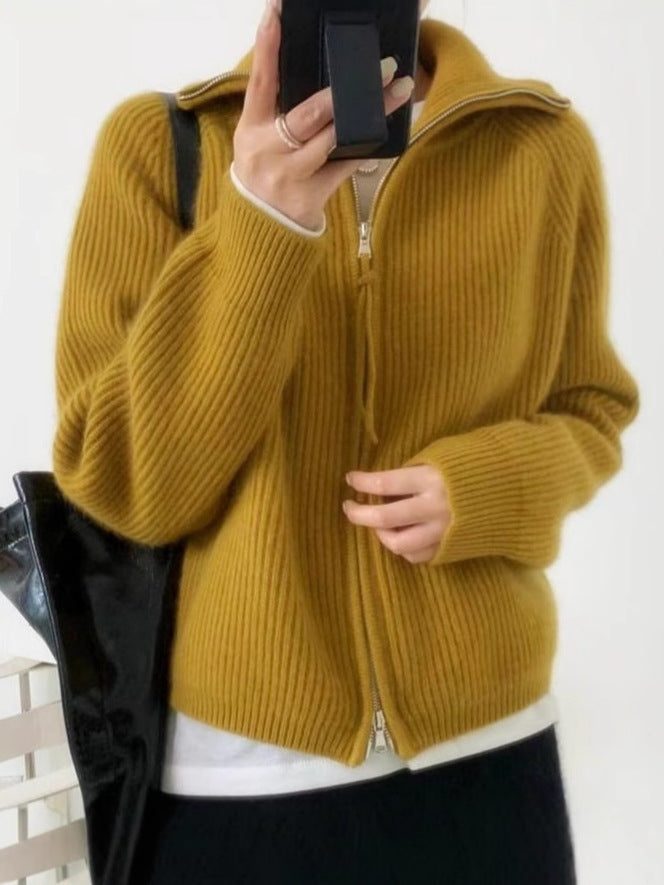 Cashmere Cardigan with Stand Collar and Zip for Women