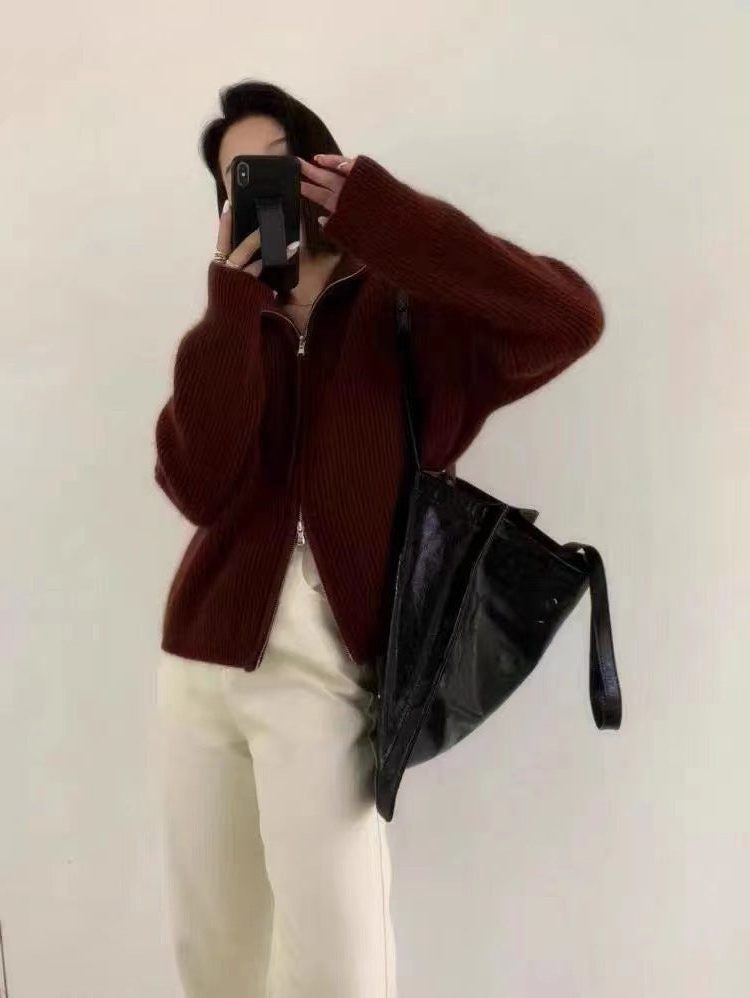 Cashmere Cardigan with Stand Collar and Zip for Women
