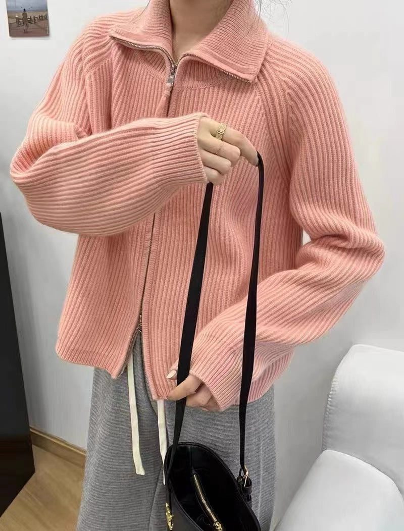 Cashmere Cardigan with Stand Collar and Zip for Women
