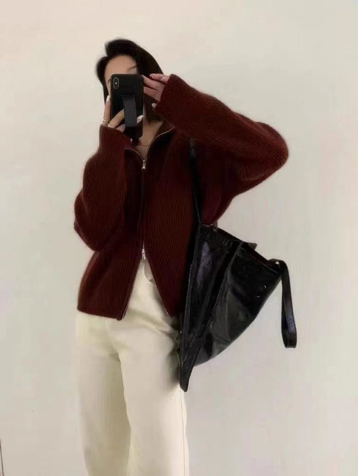 Cashmere Cardigan with Stand Collar and Zip for Women