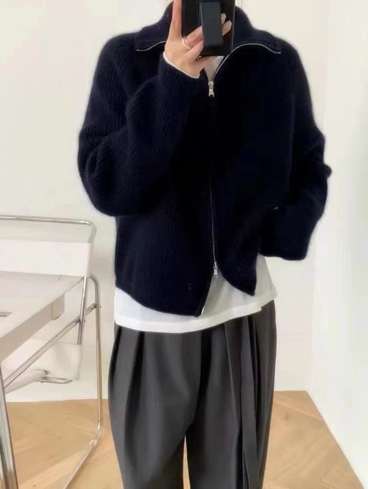 Cashmere Cardigan with Stand Collar and Zip for Women