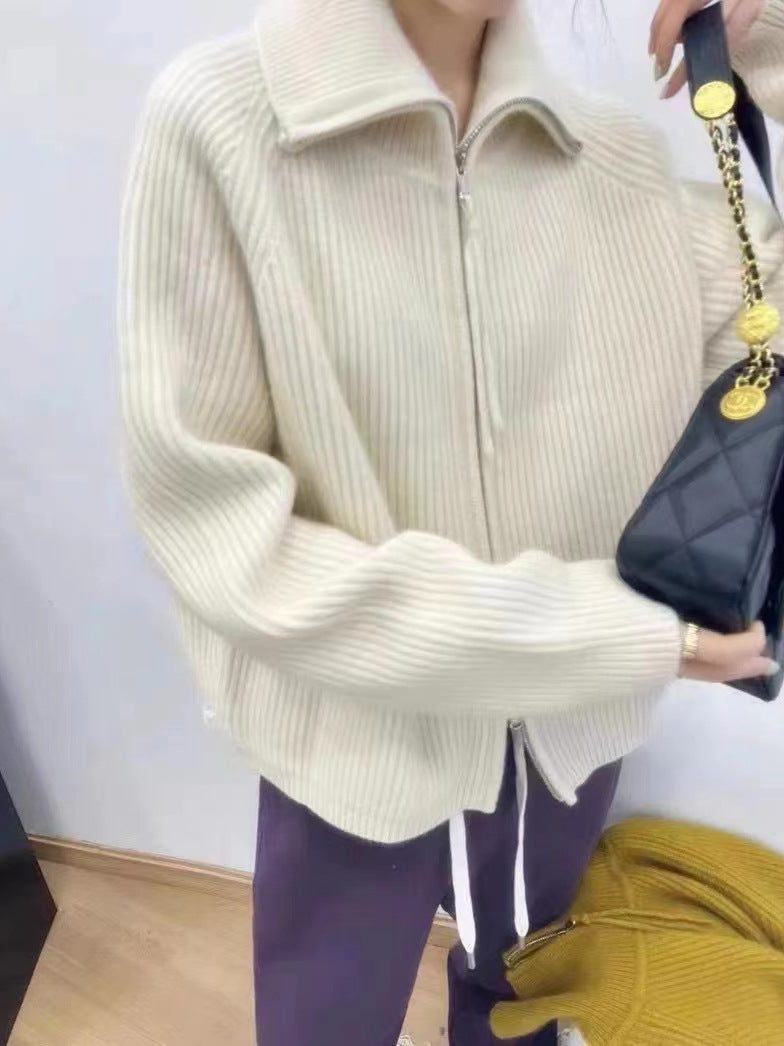 Cashmere Cardigan with Stand Collar and Zip for Women