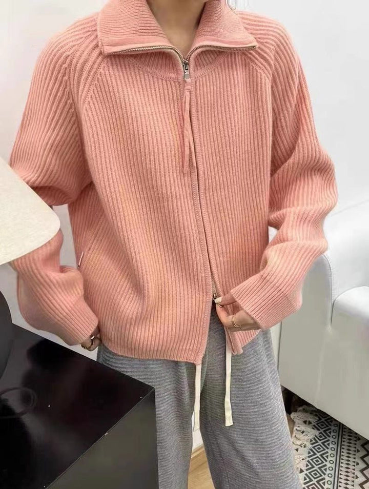 Cashmere Cardigan with Stand Collar and Zip for Women