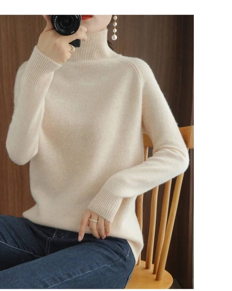 Merino Wool Ribbed Knit Sweater with Roll Neck for Women