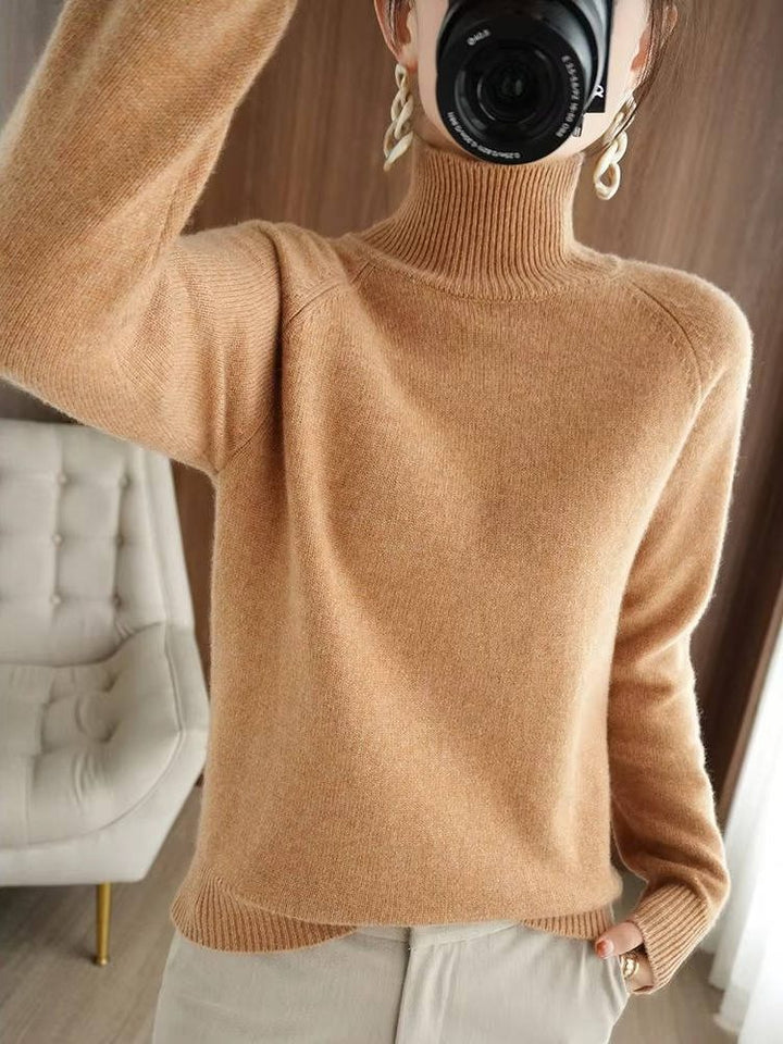 Merino Wool Ribbed Knit Sweater with Roll Neck for Women