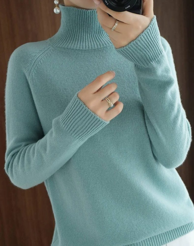 Merino Wool Ribbed Knit Sweater with Roll Neck for Women