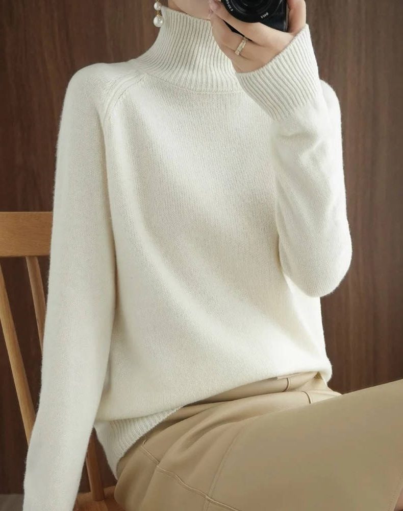Merino Wool Ribbed Knit Sweater with Roll Neck for Women