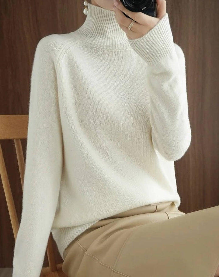 Merino Wool Ribbed Knit Sweater with Roll Neck for Women
