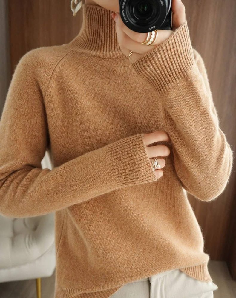 Merino Wool Ribbed Knit Sweater with Roll Neck for Women