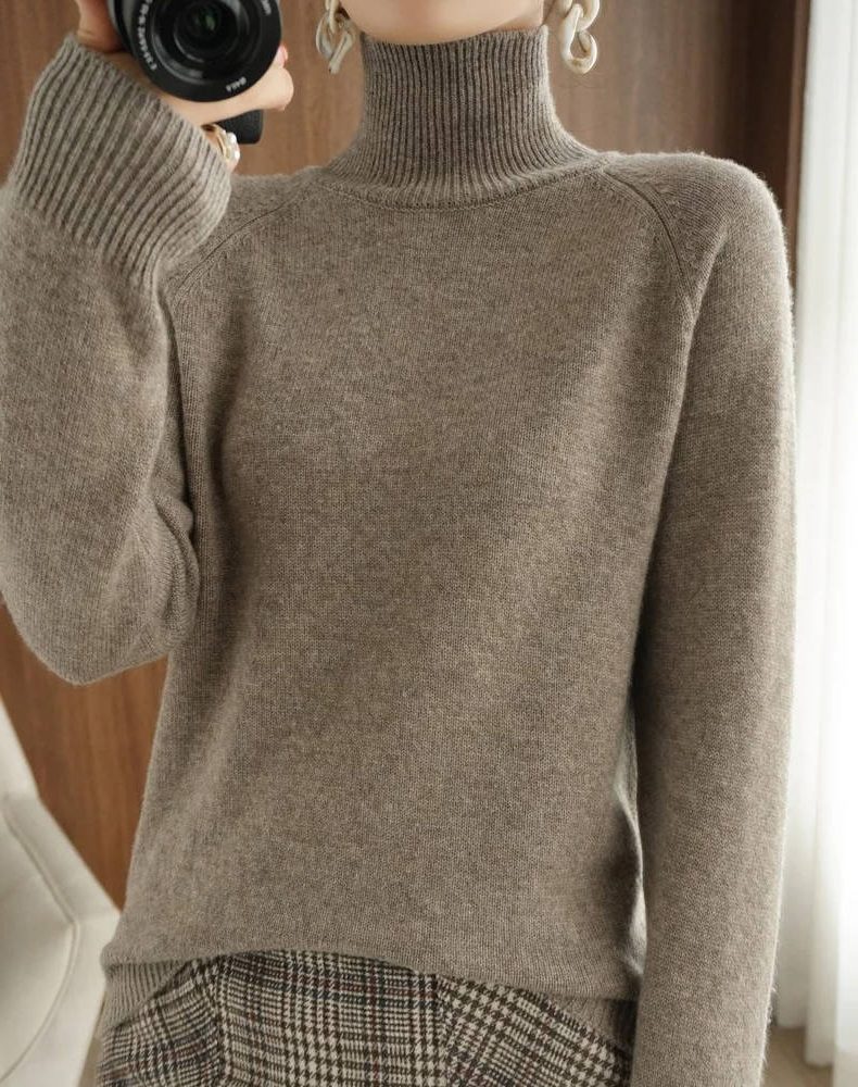 Merino Wool Ribbed Knit Sweater with Roll Neck for Women