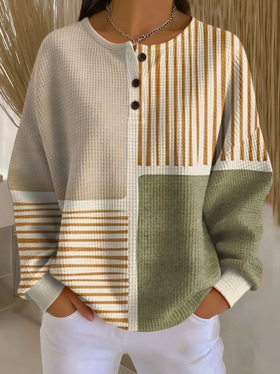 Striped Ribbed Knit Sweater with Button-Up for Women