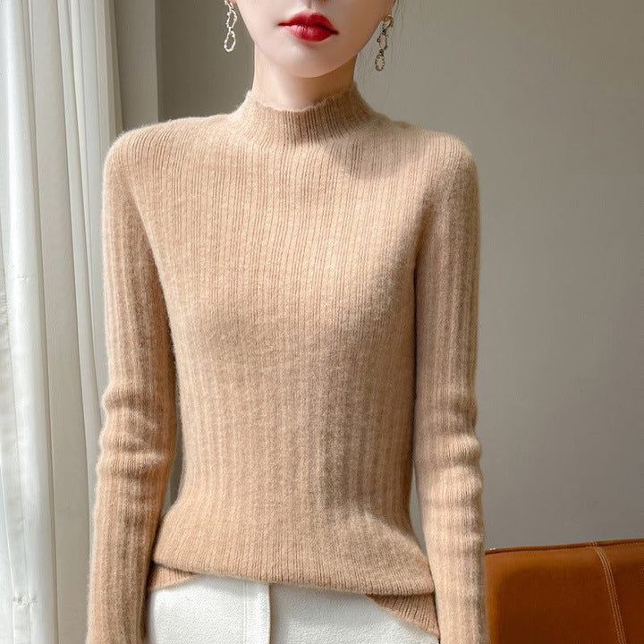Ribbed Cashmere Sweater with Stand Collar for Women