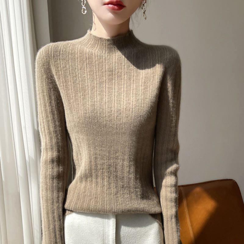 Ribbed Cashmere Sweater with Stand Collar for Women