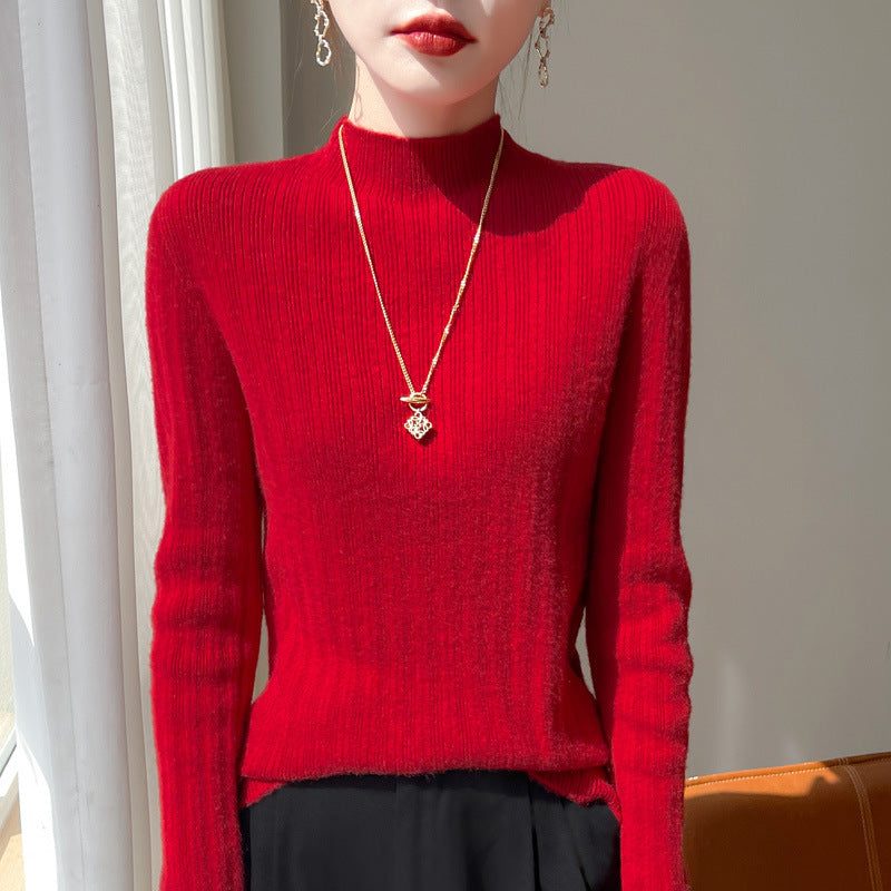 Ribbed Cashmere Sweater with Stand Collar for Women