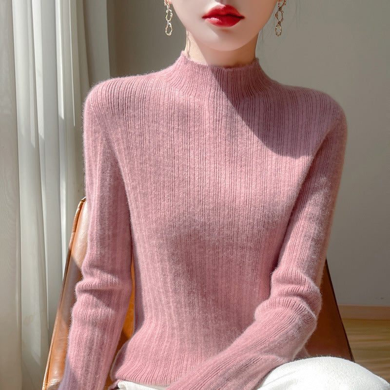 Ribbed Cashmere Sweater with Stand Collar for Women