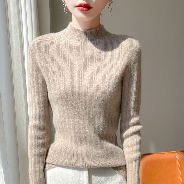 Ribbed Cashmere Sweater with Stand Collar for Women