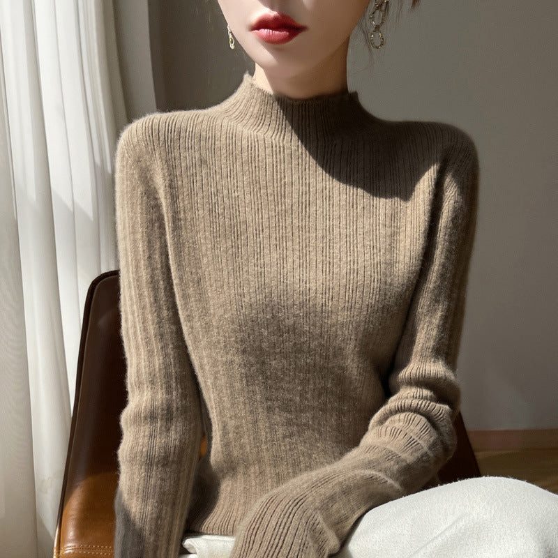 Ribbed Cashmere Sweater with Stand Collar for Women