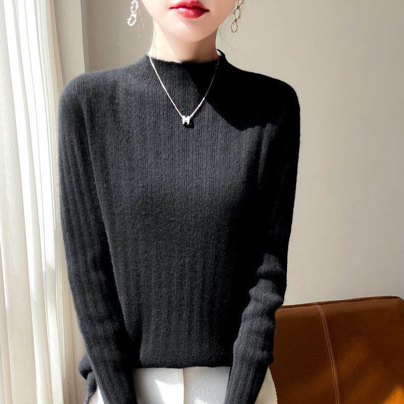 Ribbed Cashmere Sweater with Stand Collar for Women
