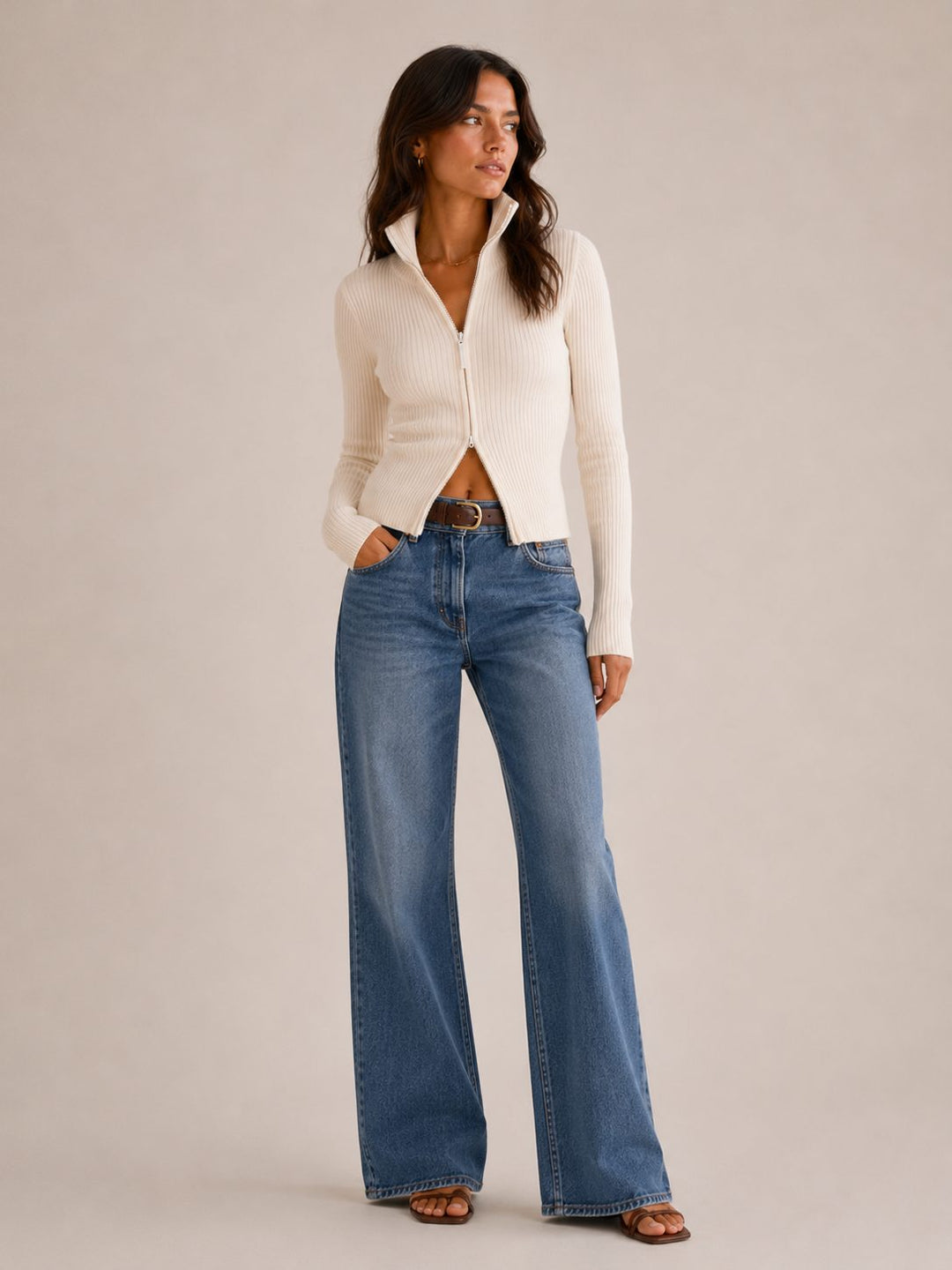 Ribbed Knit Zip-Up Cardigan for Women
