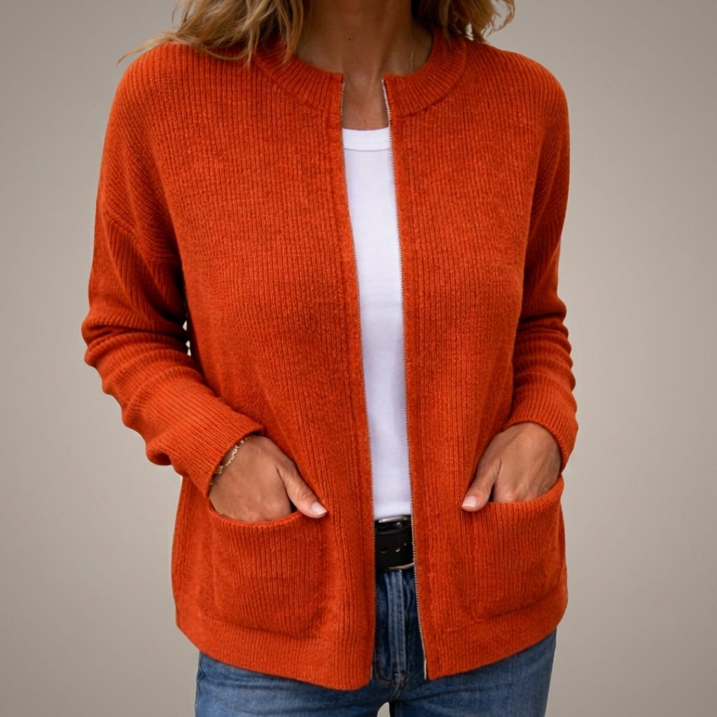 Ribbed Knit Zip-Up Cardigan with Pockets for Women