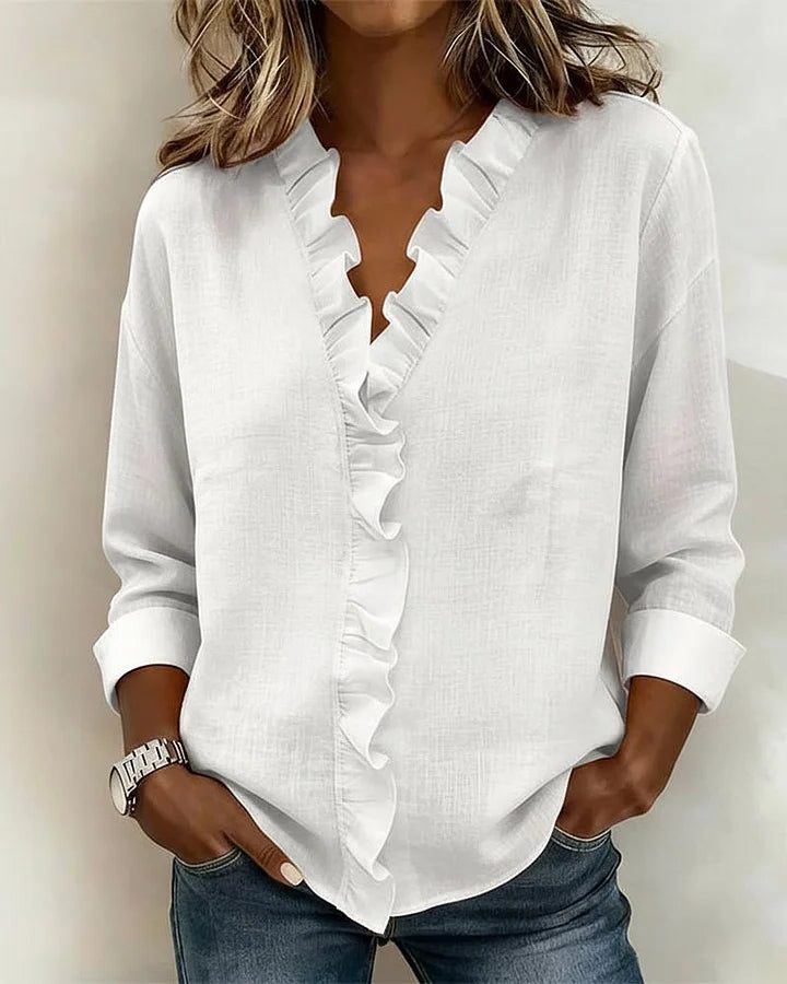 Ruffled Blouse with V-Neck and Long Sleeves for Women