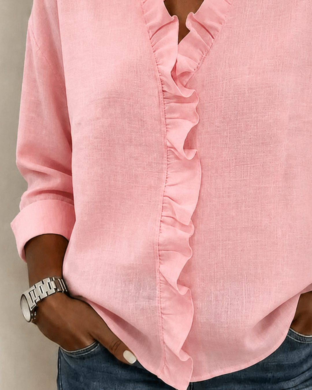 Ruffled Blouse with V-Neck and Long Sleeves for Women