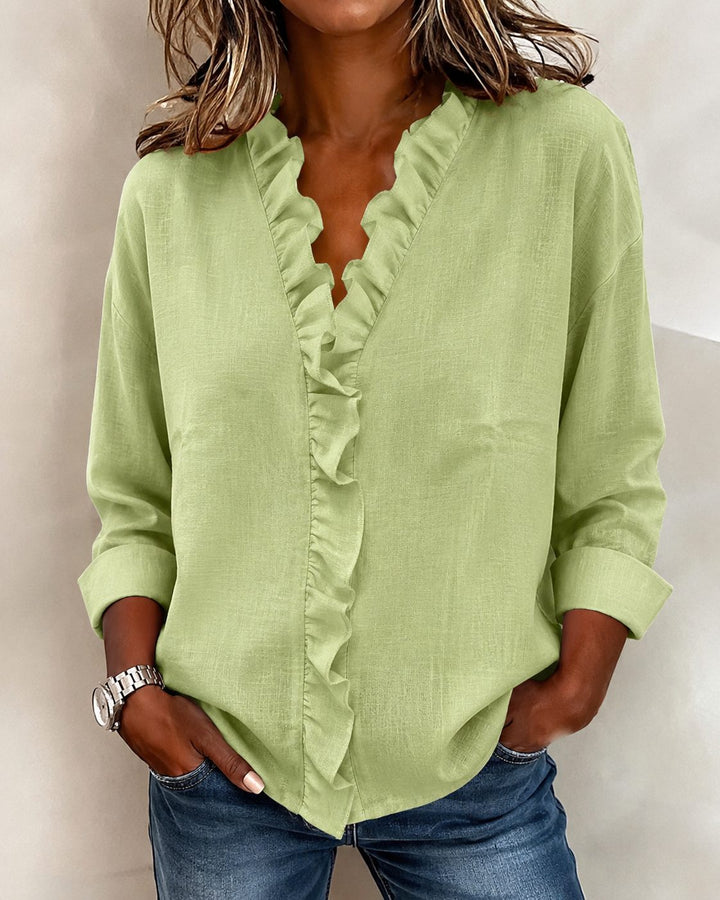 Ruffled Blouse with V-Neck and Long Sleeves for Women
