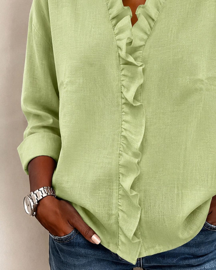 Ruffled Blouse with V-Neck and Long Sleeves for Women