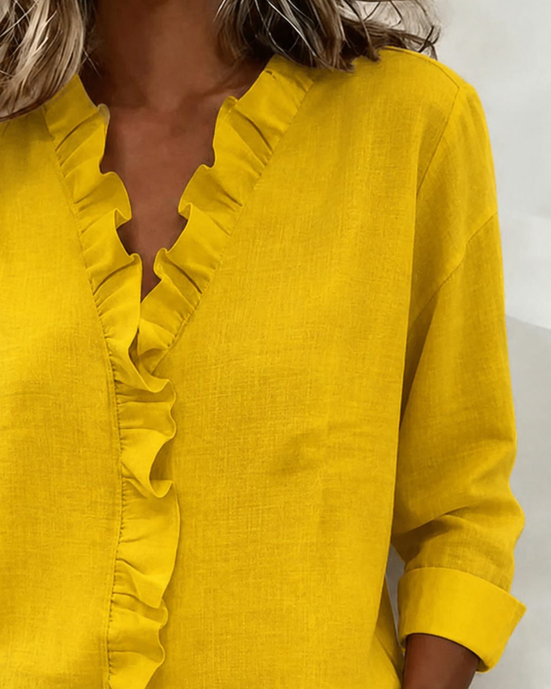 Ruffled Blouse with V-Neck and Long Sleeves for Women