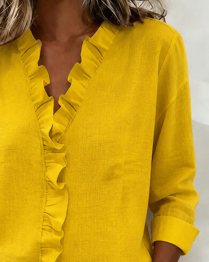 Ruffled Blouse with V-Neck and Long Sleeves for Women