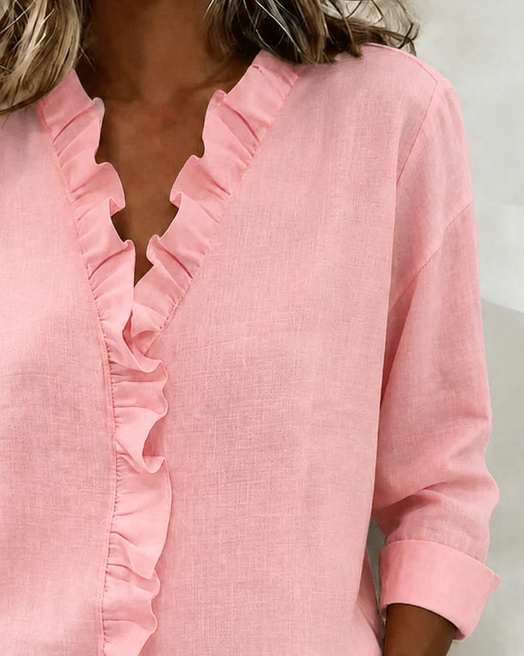 Ruffled Blouse with V-Neck and Long Sleeves for Women