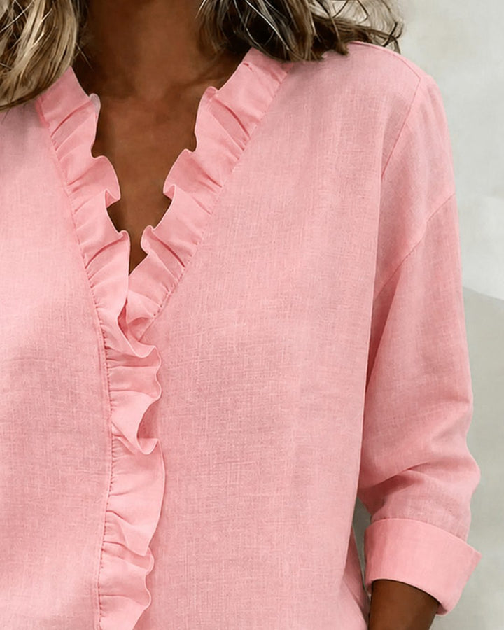 Ruffled Blouse with V-Neck and Long Sleeves for Women