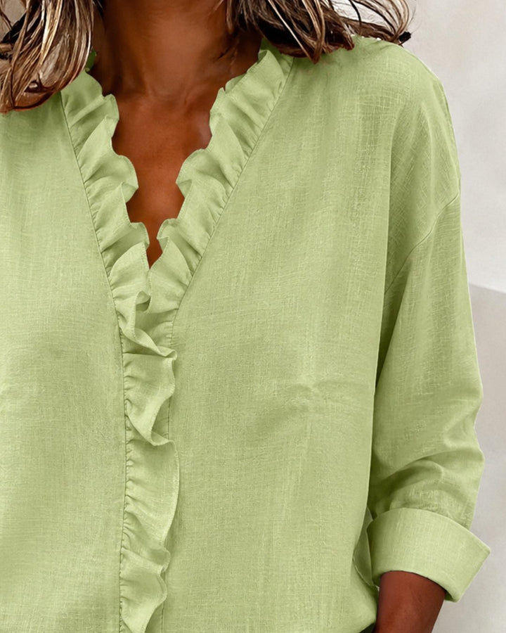 Ruffled Blouse with V-Neck and Long Sleeves for Women