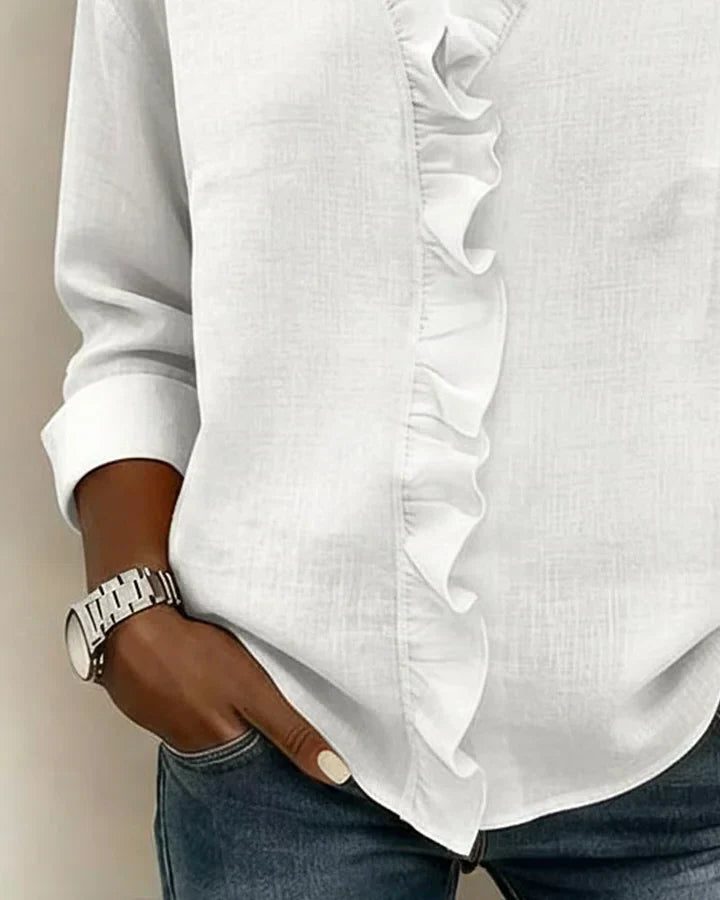 Ruffled Blouse with V-Neck and Long Sleeves for Women