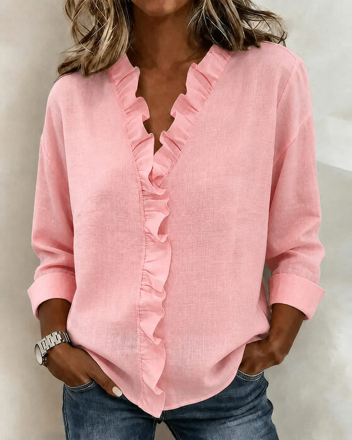 Ruffled Blouse with V-Neck and Long Sleeves for Women