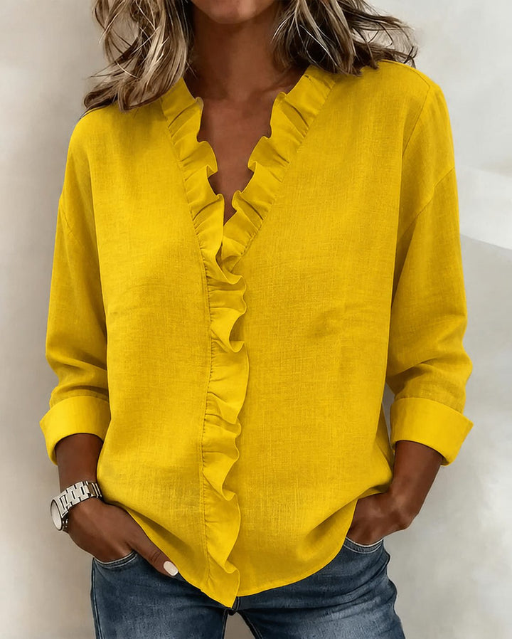 Ruffled Blouse with V-Neck and Long Sleeves for Women