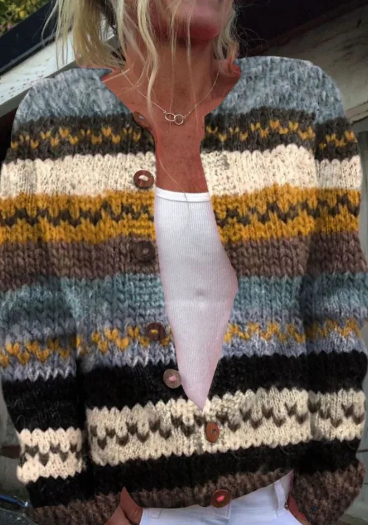 Multicolor Print Open-Front Knit Cardigan