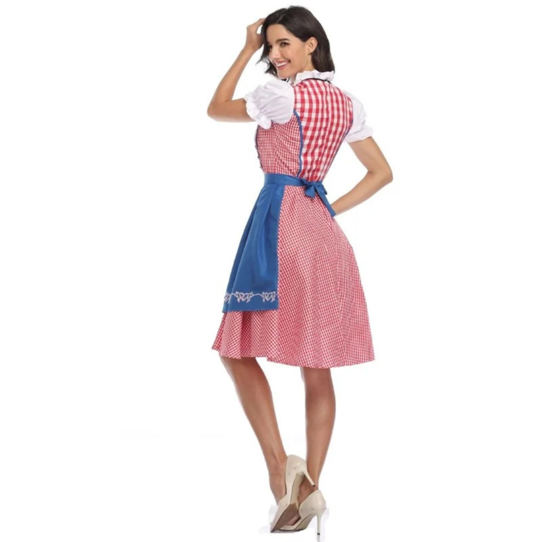 Women's checked dress with lace-up bodice and apron, Oktoberfest midi