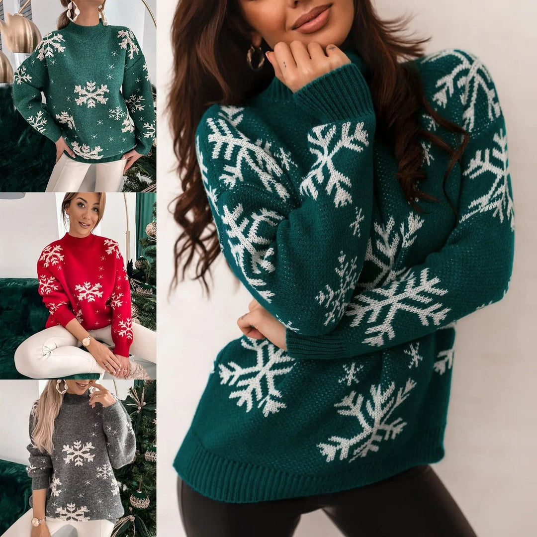 Snowflake Knit Sweater with Crew Neck for Women
