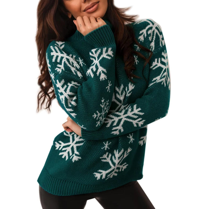 Snowflake Knit Sweater with Crew Neck for Women