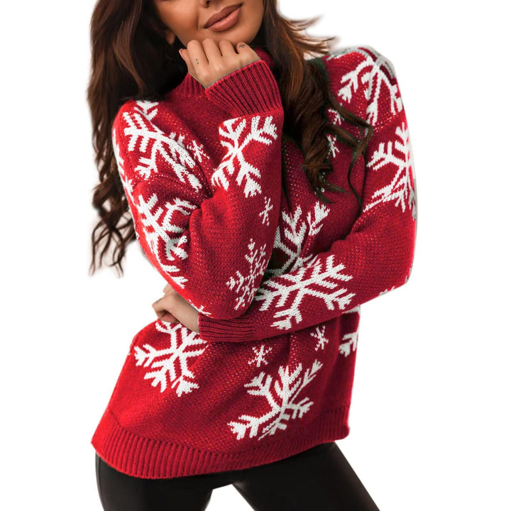 Snowflake Knit Sweater with Crew Neck for Women