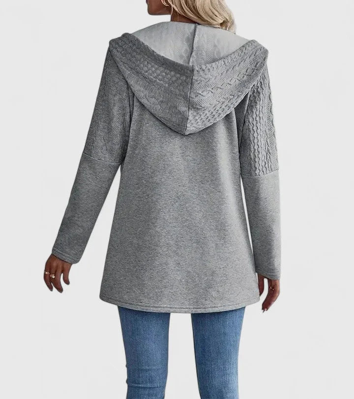 Knit Zip-Up Hooded Cardigan with Cable Panels