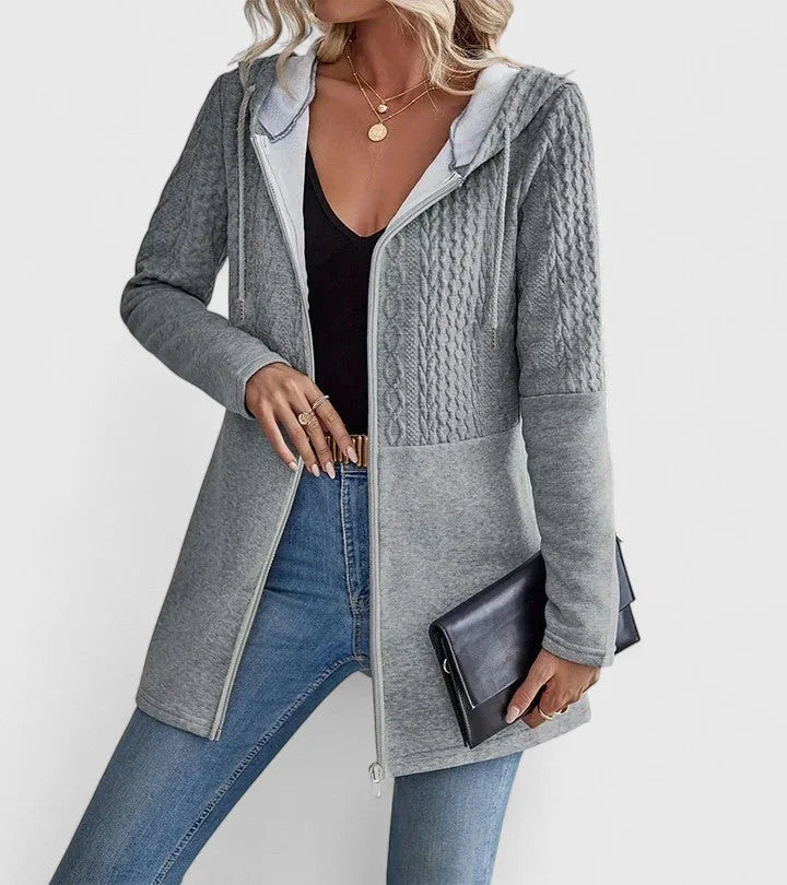 Knit Zip-Up Hooded Cardigan with Cable Panels